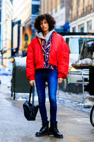 AUTUMN WINTER 2017-2018, AW 17-18, black bag, black boots, blue denim, denim pants, dr martens, FALL WINTER 2017-2018, fashion week, frenchystyle, full length, FW, FW 17-18, graphic jacket, grey sweater, hoodie, jeans, jonathan paciullo, leather bag, leather boots, loewe, model, NEW YORK, NYFW, printed jacket, red jacket, street style, trousers, vertical