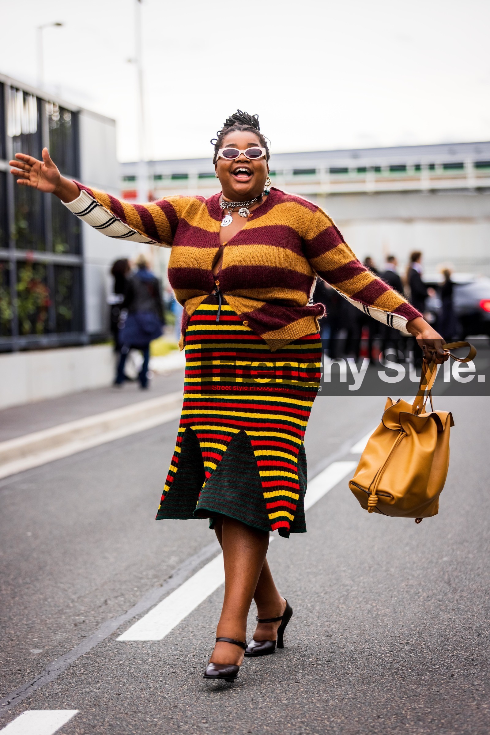 bag, black sandals, burgundy cardigan, cardigan, color, Gabriella Karefa Johnson, leather bag, necklace, oversize bag, red skirt, sandals, skirt, striped cardigan, striped skirt, stripes, sunglasses, yellow bag, yellow cardigan, yellow skirt, PARIS, PFW, fashion week, frenchystyle, FW, jonathan paciullo, street style, SPRING SUMMER 2022, SS 22, vertical, full length