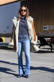 aimee song, AUTUMN WINTER 2016-2017, AW 16-17, blue denim, blue scarf, brown bag, brown jacket, camel bag, camel jacket, chloe, denim pants, fashion week, frenchystyle, fringes, full length, fur collar, FW, FW 16-17, jeans, jonathan paciullo, leather bag, leather jacket, NEW YORK, NYFW, pompons, shearling, sheep fur, street style, suede jacket, sunglasses, trousers, vertical, white fur, woman