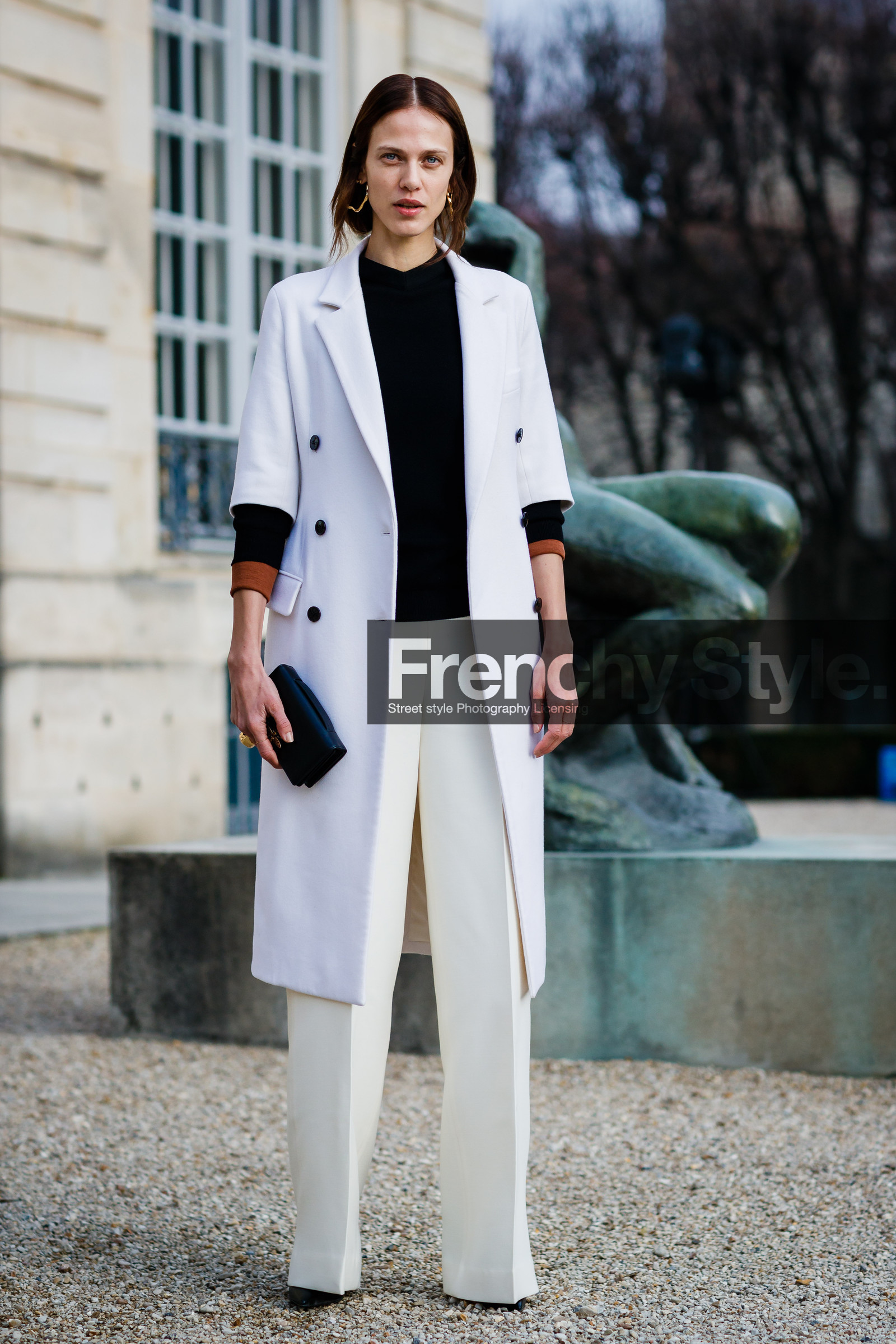 black bag, black sweater, christian dior, leather bag, trousers, white coat, white jacket, white pants, fashion week, frenchystyle, FW, jonathan paciullo, street style, PFW, PARIS, SPRING SUMMER 2017, SS 17, HAUTE COUTURE, vertical, full length, aymeline valade, model