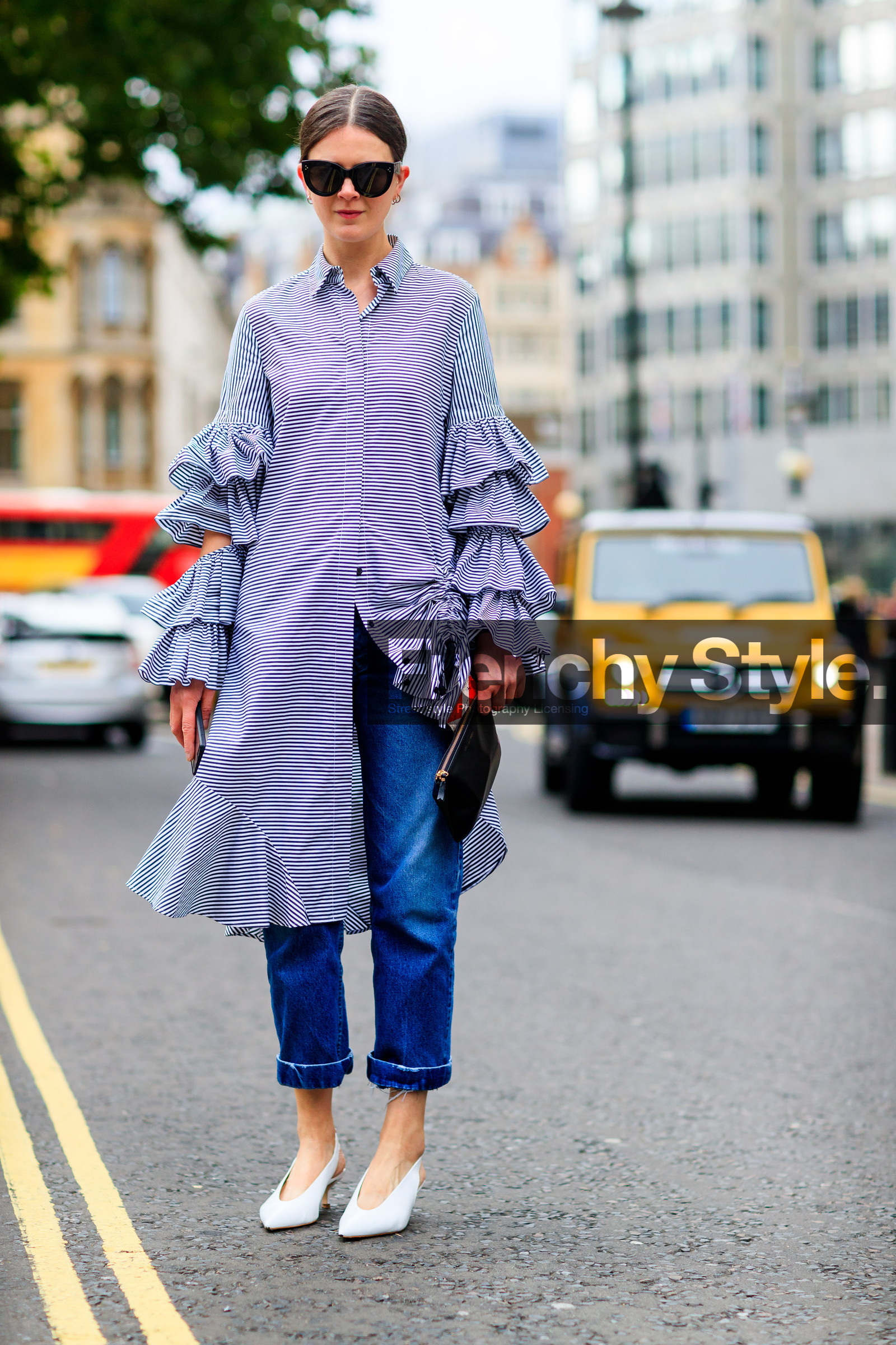 black bag, blue denim, céline, denim pants, fashion week, frenchystyle, full length, FW, graphic dress, high heels, jeans, jonathan paciullo, leather bag, leather shoes, LFW, LONDON, printed dress, ruffles, shirt dress, SPRING SUMMER 2018, SS 18, street style, striped dress, trousers, vertical, white shoes