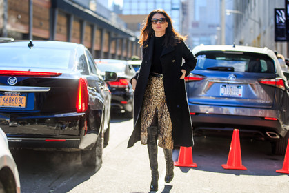 animal print, atmosphere details, AUTUMN WINTER 2016-2017, AW 16-17, black coat, black sweater, brown boots, fashion week, frenchystyle, full length, FW, FW 16-17, high boots, high heels, horizontal, jonathan paciullo, leila yavari, leopard print, leopard skirt, NEW YORK, NYFW, street style, sunglasses, woman