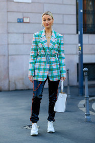 black pants, blazer, checked, earrings, graphic jacket, green jacket, leather bag, leather pants, leather shoes, necklace, plaid, printed jacket, tartan, trousers, white bag, white shoes, MILAN, MFW, fashion week, frenchystyle, FW, jonathan paciullo, street style, AUTUMN WINTER 2019-2020, AW 19-20, FALL WINTER 2019-2020, FW 19-20, vertical, full length