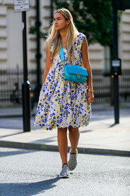 nina suess, flower embroidered dress, fendi baguette bag, light blue leather bag, monogrammed bag, multi bracelet, multi earrings, multi necklace, golden bracelet, golden earrings, golden necklace, animals charms necklace, snake earring, plaited shoes, cartier watch, golden watch, crossbody bag, plaited sneakers, fashion week, frenchystyle, FW, jonathan paciullo, street style, vertical, full length
