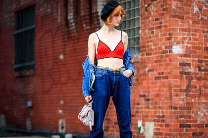atmosphere details, beret, blue denim, denim jacket, denim pants, detail, fashion week, frenchystyle, FW, grey bag, horizontal, ina maribo jensen, jeans, jonathan paciullo, leather bag, model, NEW YORK, NYFW, red bra, SPRING SUMMER 2018, SS 18, street style, trousers