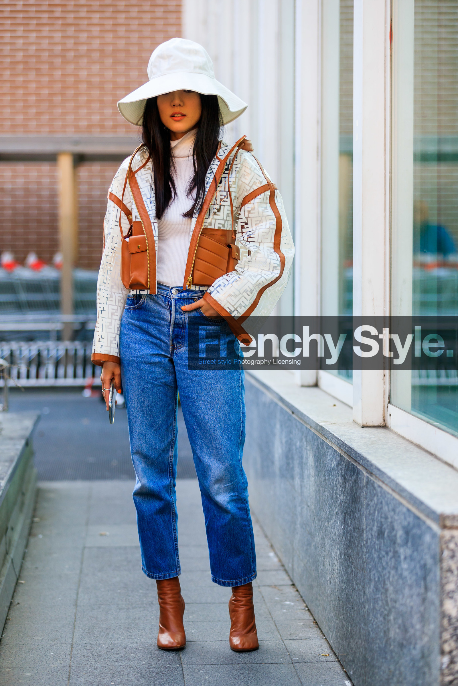blue denim, brown boots, denim pants, fendi, graphic jacket, high heels, jeans, leather shoes, monogram, printed jacket, transparent jacket, trousers, turtleneck sweater, white hat, white sweater, yoyo cao, MILAN, MFW, fashion week, frenchystyle, FW, jonathan paciullo, street style, AUTUMN WINTER 2019-2020, AW 19-20, FALL WINTER 2019-2020, FW 19-20, vertical, full length