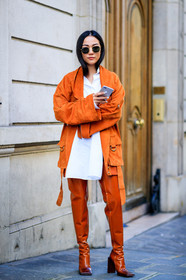 AUTUMN WINTER 2017-2018, AW 17-18, FALL WINTER 2017-2018, fashion week, frenchystyle, full length, FW, FW 17-18, high boots, high heels, jonathan paciullo, leather shoes, orange jacket, orange shoes, PARIS, PFW, street style, suede jacket, sunglasses, vertical, white shirt, yoyo cao