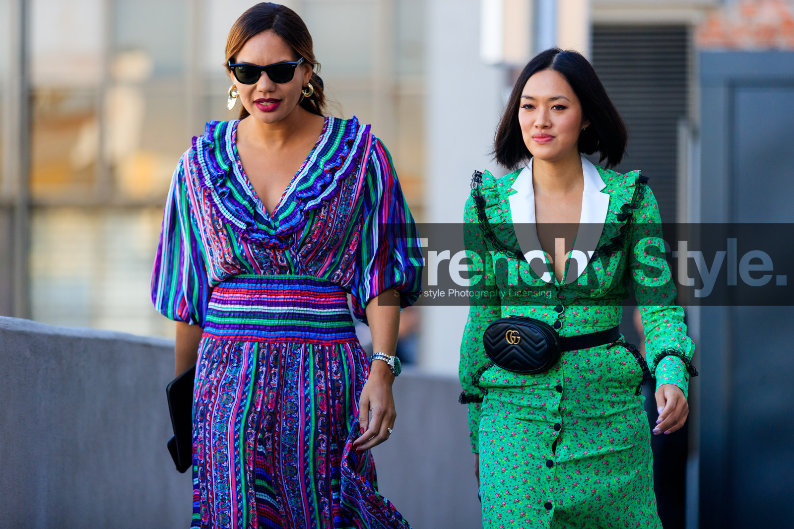 atmosphere details, black bag, detail, fanny pack, fashion week, floral, flowers, frenchystyle, FW, graphic dress, green dress, gucci, horizontal, jonathan paciullo, leather bag, MFW, MILAN, multicolor dress, printed dress, SPRING SUMMER 2018, SS 18, street style, striped dress, sunglasses, Tiffany Hsu