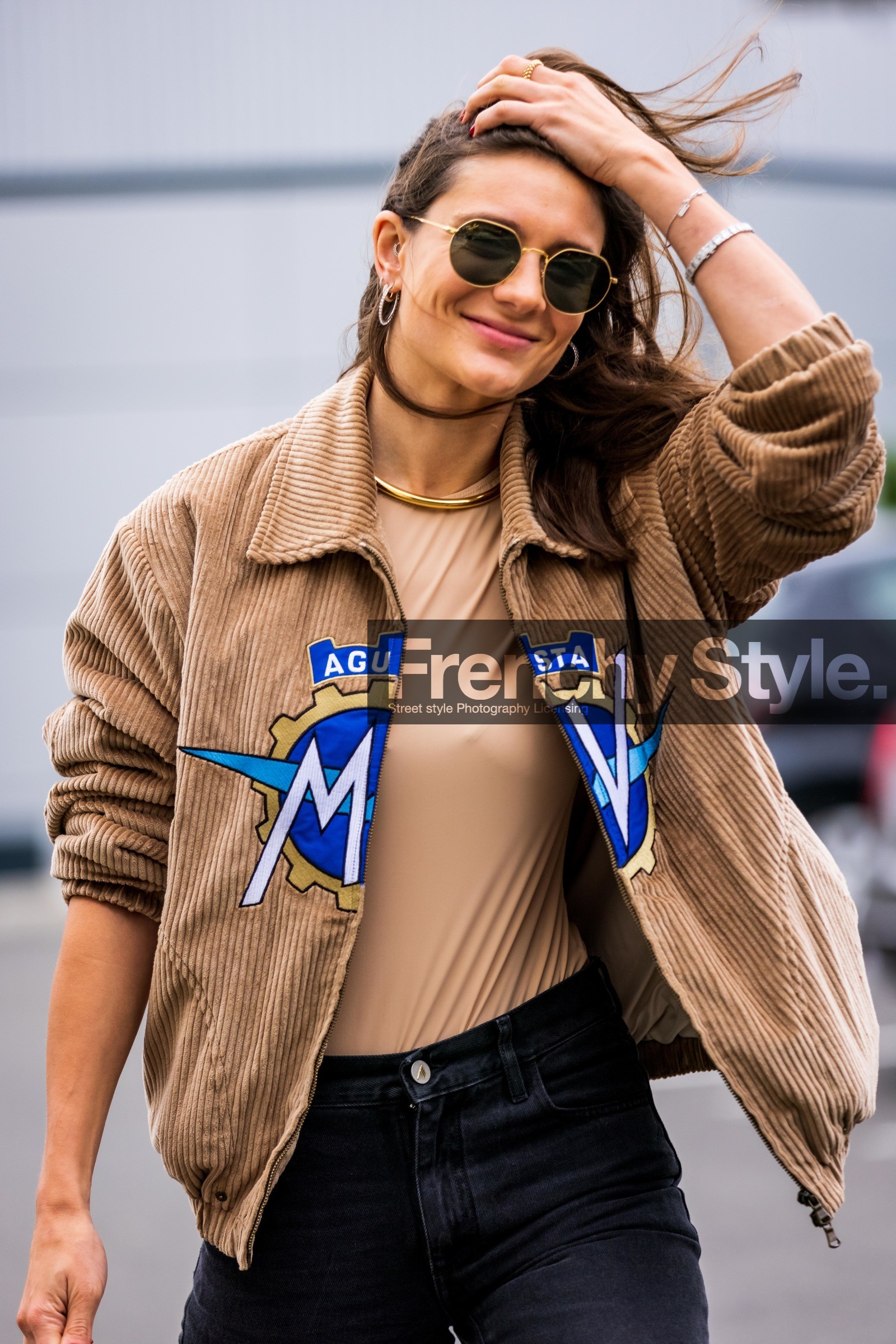 beige top, black denim, choker, corduroy jacket, denim, gold necklace, jacket, Kate Darma, necklace, rayban, sunglasses, top, zipped jacket, PARIS, PFW, fashion week, frenchystyle, FW, jonathan paciullo, street style, SPRING SUMMER 2022, SS 22, vertical, atmosphere details