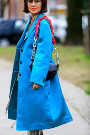balenciaga, black bag, blue coat, fanny pack, leather bag, liz yu, necklace, sunglasses, MILAN, MFW, fashion week, frenchystyle, FW, jonathan paciullo, street style, AUTUMN WINTER 2019-2020, AW 19-20, FALL WINTER 2019-2020, FW 19-20, vertical, atmosphere details, detail
