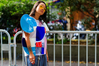 atmosphere details, blue pants, blue top, camera, christina paik, detail, fashion week, frenchystyle, FW, geometric, graphic pants, graphic top, horizontal, jonathan paciullo, junya watanabe, MENSWEAR, PARIS, patchwork, PFW, SPRING SUMMER 2018, SS 18, street style, striped pants, sunglasses, trousers