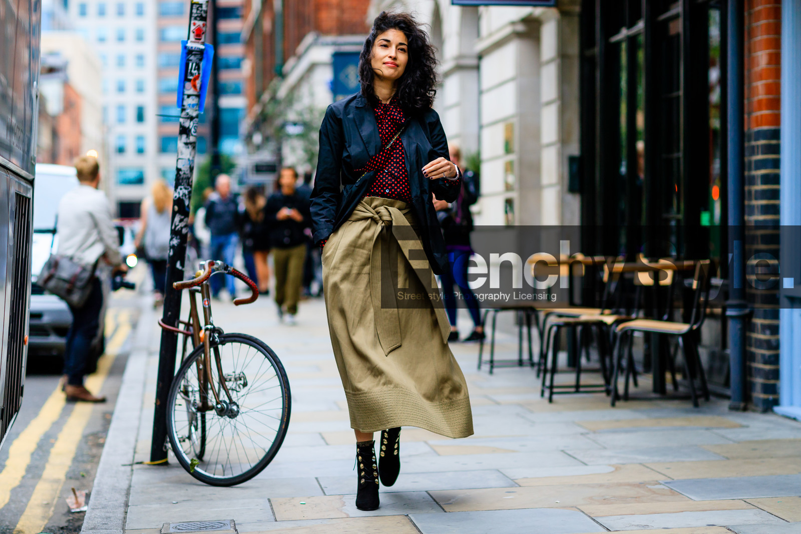 atmosphere details, beige pants, black boots, black coat, black jacket, caroline issa, fashion week, frenchystyle, full length, FW, high heels, horizontal, jonathan paciullo, leather boots, leather shoes, LFW, LONDON, oversize, polka dot, printed shirt, SPRING SUMMER 2017, SS 17, street style, trousers, wide pants, woman