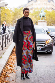 black boots, black coat, black turtleneck, boots, coat, color, grey pants, long coat, pants, patent boots, print, printed pants, red pants, ribbed turtleneck, turtleneck, wool coat, fashion week, frenchystyle, FW, jonathan paciullo, street style, PFW, PARIS, SPRING SUMMER 2022, SS 22, vertical, full length