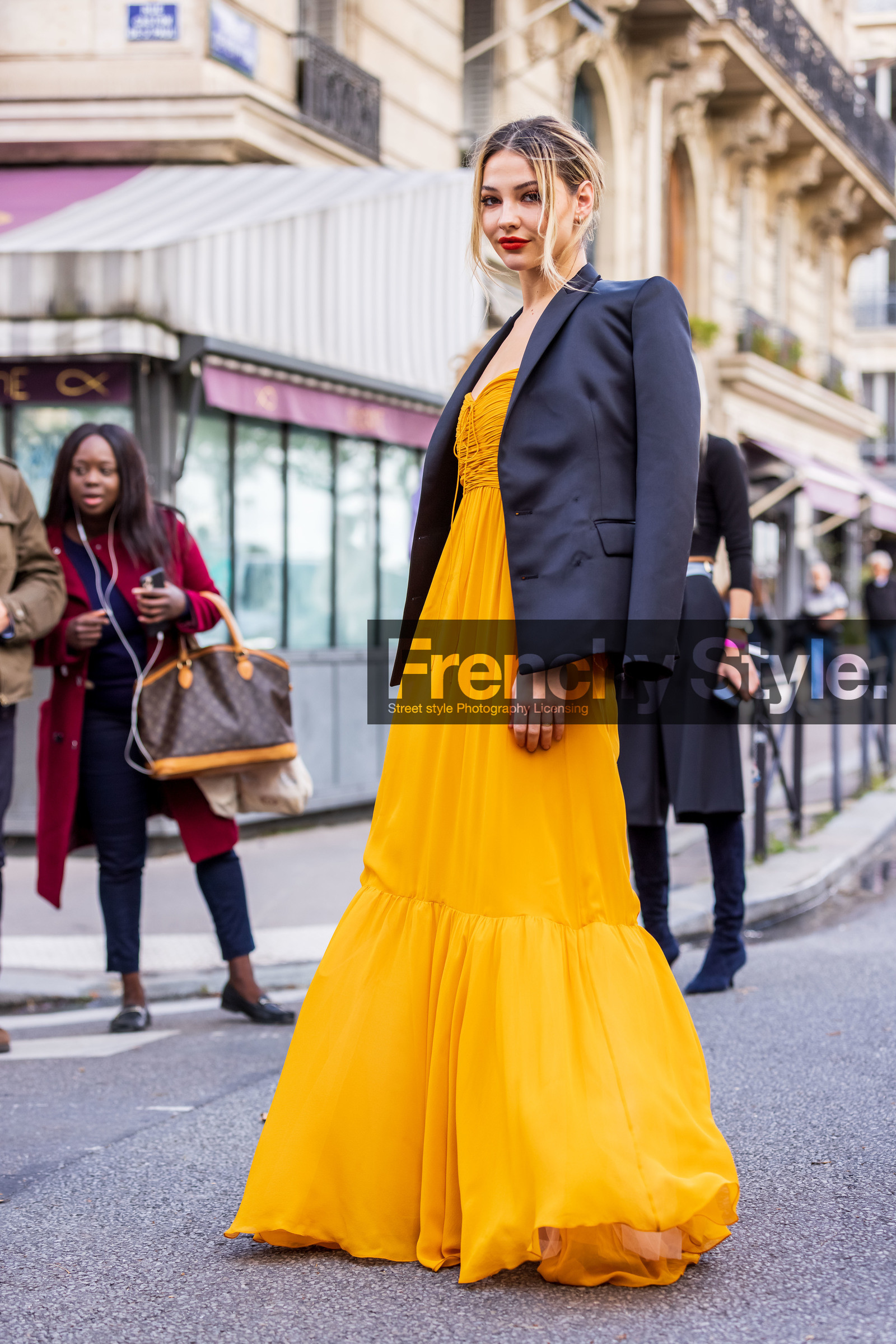 black blazer, blazer, dress, fluid dress, long dress, Madelyn Cline, orange dress, fashion week, frenchystyle, FW, jonathan paciullo, street style, PFW, PARIS, SPRING SUMMER 2022, SS 22, vertical, full length