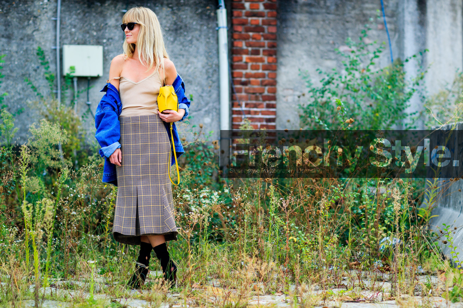 atmosphere details, beige skirt, beige top, blue denim, brown skirt, checked skirt, denim jacket, elephants, fashion week, frenchystyle, full length, FW, graphic bag, graphic skirt, high heels, horizontal, jonathan paciullo, leather bag, leather shoes, loewe, MFW, MILAN, off the shoulder, plaid, SPRING SUMMER 2017, SS 17, street style, sunglasses, yellow bag