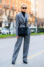 black bag, black shoes, black turtleneck, grey jacket, grey pants, grey suit, leather bag, leather shoes, prada, sunglasses, trousers, fashion week, frenchystyle, FW, jonathan paciullo, street style, MFW, MILAN, AUTUMN WINTER 2018-2019, FALL WINTER 2018-2019, FW 18-19, vertical, full length, caro daur