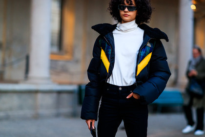 black denim, black jacket, denim pants, down jacket, jeans, sunglasses, trousers, turtleneck sweater, white sweater, fashion week, frenchystyle, FW, jonathan paciullo, street style, MFW, MILAN, AUTUMN WINTER 2018-2019, FALL WINTER 2018-2019, FW 18-19, horizontal, atmosphere details, model, fernanda oliveira