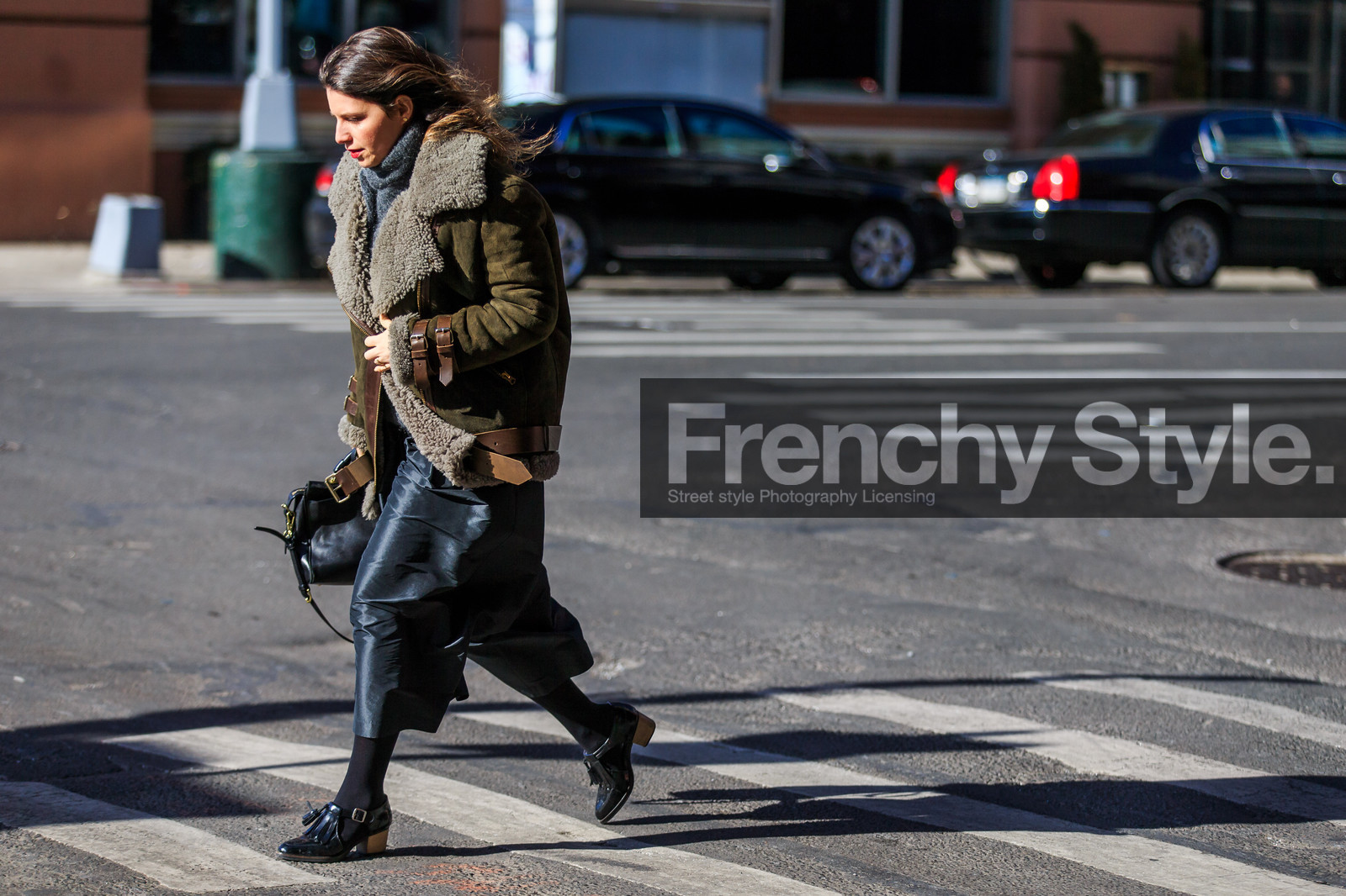 acne studios, atmosphere details, AUTUMN WINTER 2016-2017, AW 16-17, black bag, black pants, black shoes, derbies, fashion week, frenchystyle, full length, FW, FW 16-17, green fur, green jacket, grey sweater, grey turtleneck, horizontal, jonathan paciullo, kaki coat, kaki jacket, leather bag, leather shoes, NEW YORK, NYFW, shearling, silk pants, street style, suede jacket, wide pants, woman