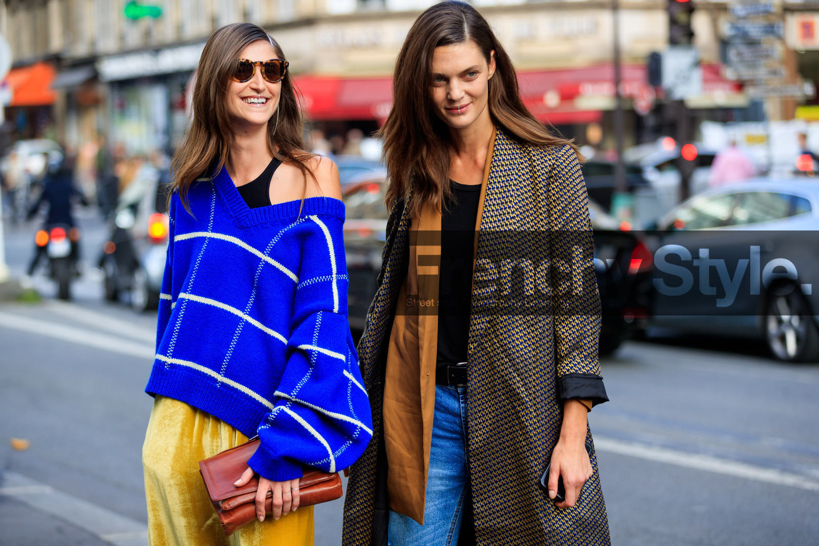 atmosphere details, blue denim, blue sweater, brown bag, brown coat, camel jacket, denim pants, detail, fashion week, frenchystyle, FW, graphic jacket, graphic sweater, horizontal, jeans, jonathan paciullo, leather bag, long hair, PARIS, PFW, printed coat, printed jacket, printed sweater, SPRING SUMMER 2018, SS 18, street style, striped sweater, sunglasses, trousers, velvet, yellow pants, model