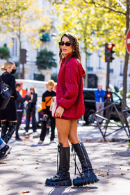 bag, black boots, black sunglasses, boots, Camila Coelho, chunky boots, high boots, jacket, mini skirt, miu miu boots, pink bag, quilted bag, quilted jacket, quilted skirt, red jacket, red skirt, skirt, sunglasses, fashion week, frenchystyle, FW, jonathan paciullo, street style, PFW, PARIS, SPRING SUMMER 2022, SS 22, vertical, full length