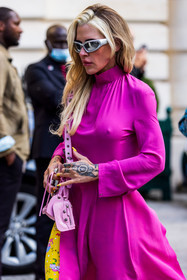 bag, balenciaga bag, color, dress, fuchsia dress, hairstyle, pink bag, pink dress, printed legging, silver sunglasses, sunglasses, tattoo, yellow legging, street style, jonathan paciullo, FW, frenchystyle, fashion week, PFW, PARIS, SPRING SUMMER 2022, SS 22, vertical, atmosphere details