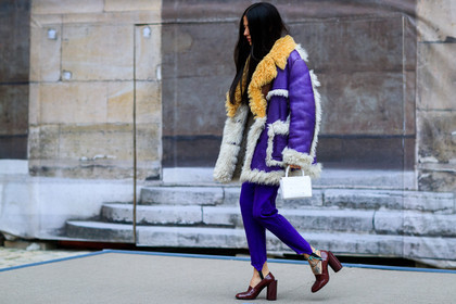 bordeaux, burgundy, fur jacket, high heels, leather bag, leather shoes, prada, purple jacket, purple pants, red shoes, shearling, trousers, varnished leather shoes, white bag, white fur, white t shirt, yellow fur, fashion week, frenchystyle, FW, jonathan paciullo, street style, PFW, PARIS, SPRING SUMMER 2017, SS 17, HAUTE COUTURE, atmosphere details, full length, horizontal, gilda ambrosio
