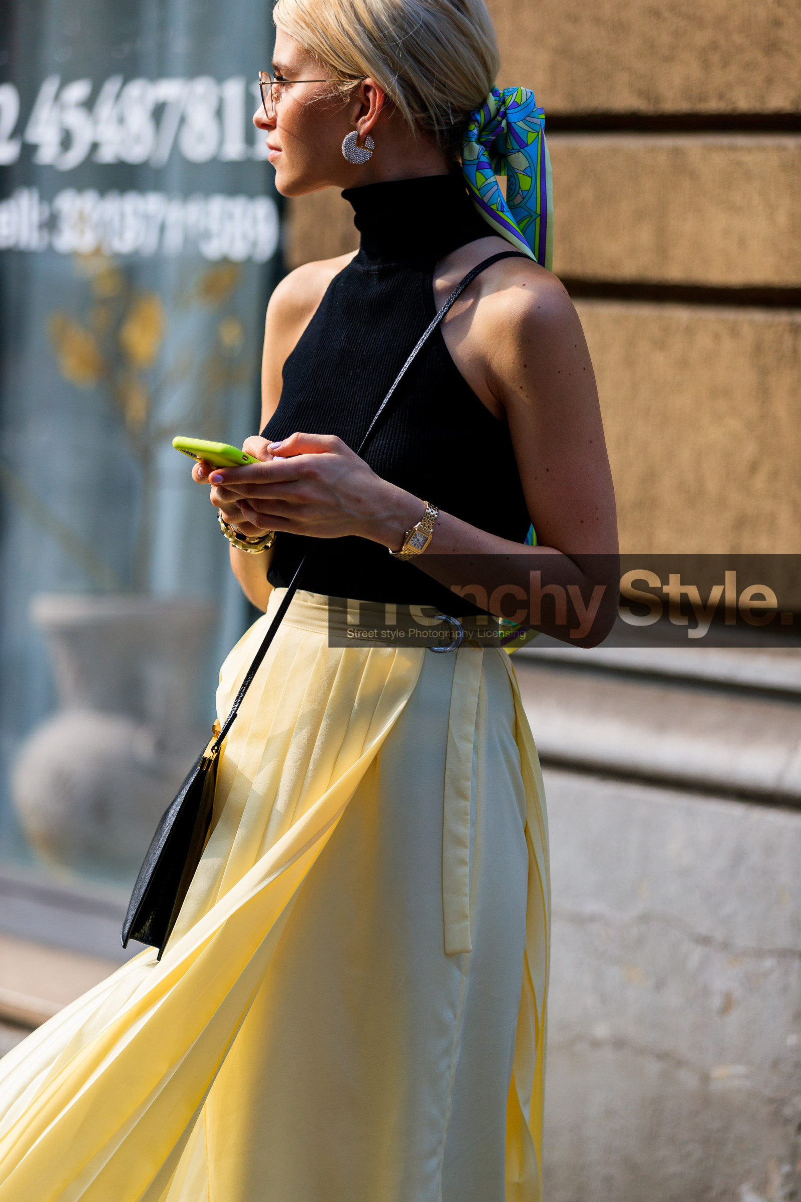 black bag, black top, blue scarf, caro daur, earrings, headscarf, leather bag, pleated skirt, sunglasses, yellow skirt, fashion week, frenchystyle, FW, jonathan paciullo, street style, MFW, MILAN, SPRING SUMMER 2019, SS 19, vertical, atmosphere details, detail