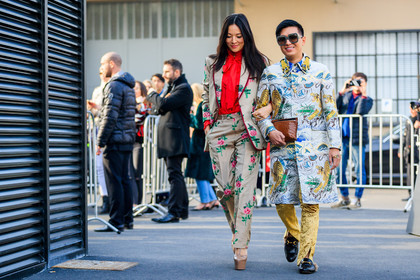 animal print, atmosphere details, AUTUMN WINTER 2017-2018, AW 17-18, beige jacket, beige pants, black loafers, black shoes, brian boy, brown bag, bryan boy, embroidered shirt, FALL WINTER 2017-2018, fashion week, floral, flower, frenchystyle, full length, fur shoes, FW, FW 17-18, gucci, high heels, horizontal, jonathan paciullo, leather bag, leather shoes, MFW, MILAN, nude shoes, printed jacket, printed pants, printed shirt, red shirt, rings, street style, sunglasses, tina leung, trousers