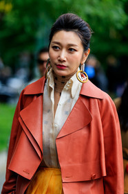 fendi look, fendi jacket, fendi shirt, fendi top, fendi earrings, monogrammed top, turtleneck top, nude shirt, nude top, orange jacket, orange trench coat, dangling earrings, round earrings, leather earrings, street style, jonathan paciullo, FW, frenchystyle, fashion week, MFW, MILAN, SPRING SUMMER 2020, SS 20