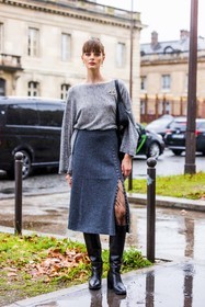 bag, black boots, boots, brooch, chanel brooch, chanel earrings, grey knitwear, grey skirt, knitwear, lace tights, long skirt, ribbed skirt, skirt, splited skirt, fashion week, frenchystyle, FW, jonathan paciullo, street style, PFW, PARIS, SPRING SUMMER 2022, SS 22, vertical, full length