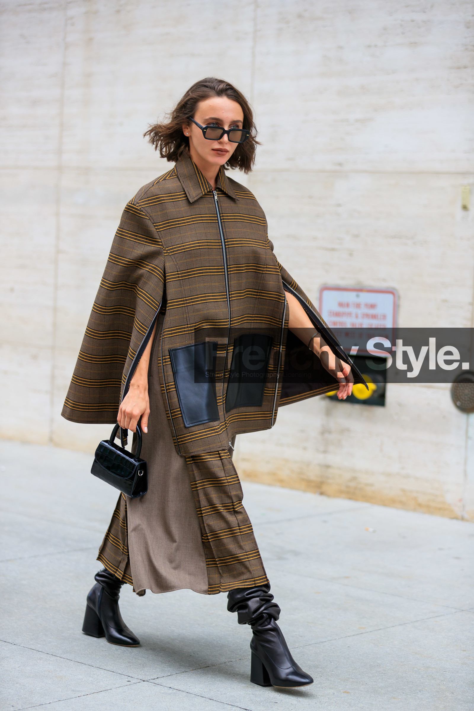 black bag, black shoes, brown jacket, brown skirt, checked, graphic jacket, high heels, leather bag, leather shoes, mary leest, plaid, printed jacket, sunglasses, tartan, street style, jonathan paciullo, FW, frenchystyle, fashion week, NEW YORK, NYFW, SPRING SUMMER 2020, SS 20, vertical, full length
