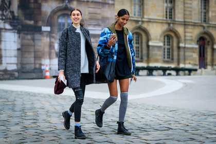 black bag, black boots, black pants, black shoes, black t shirt, blue jacket, camo jacket, camouflage, green jacket, grey coat, grey socks, high socks, hoodie, leather pants, leather shoes, military jacket, printed jacket, white sweater, fashion week, frenchystyle, FW, jonathan paciullo, street style, PFW, PARIS, SPRING SUMMER 2017, SS 17, HAUTE COUTURE, atmosphere details, full length, horizontal, model