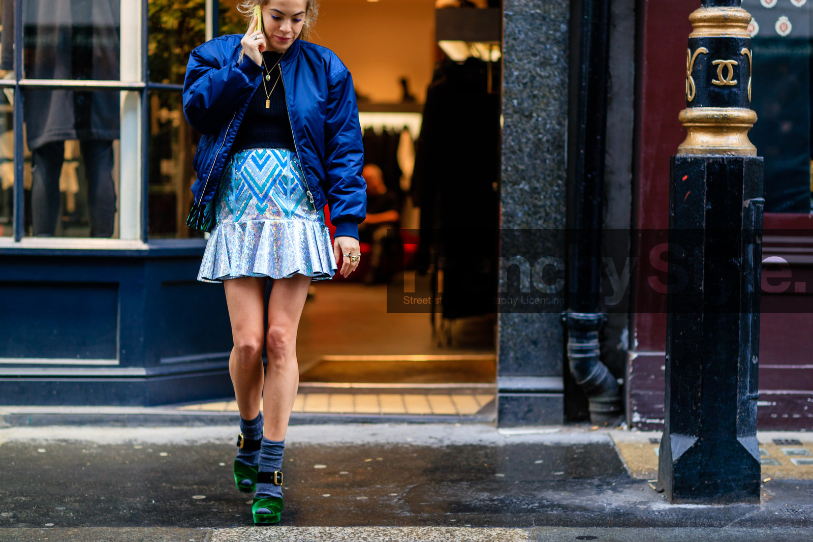 atmosphere details, black sweater, blue jacket, bomber jacket, chelsea leyland, detail, fashion week, frenchystyle, FW, glitter, green shoes, grey socks, high heels, horizontal, jonathan paciullo, LFW, LONDON, metallic skirt, prada, printed skirt, sequined skirt, shiny skirt, silver skirt, SPRING SUMMER 2017, SS 17, street style, velvet, woman