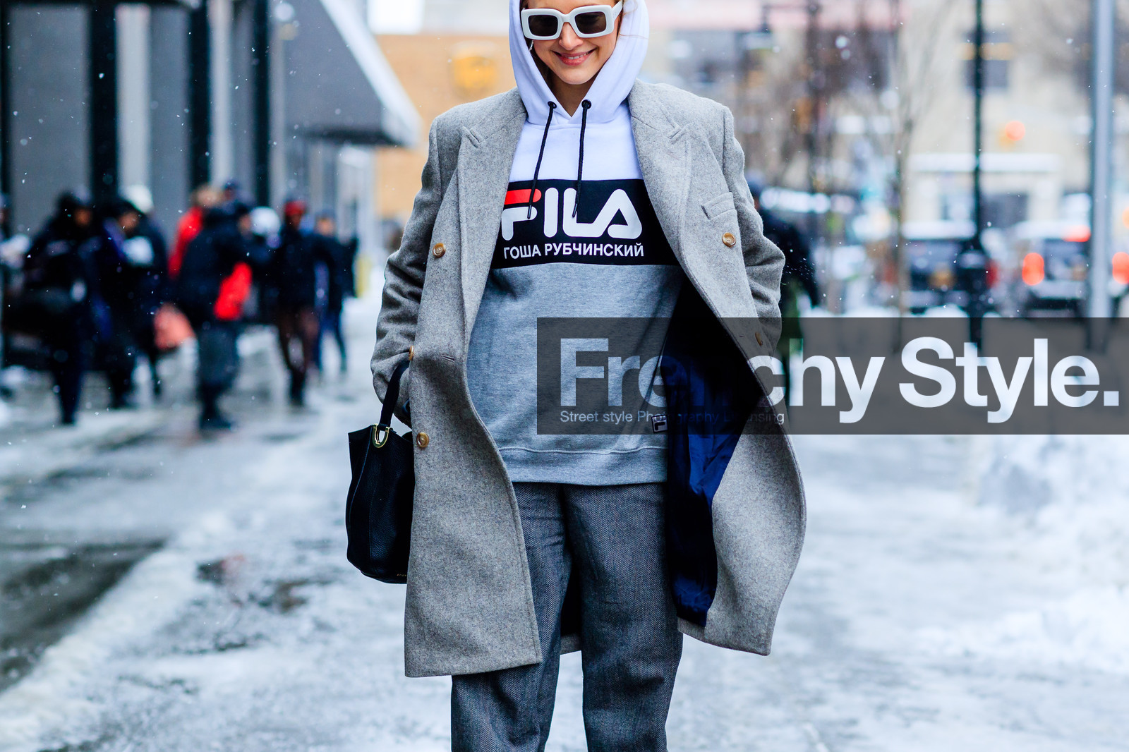 atmosphere details, AUTUMN WINTER 2017-2018, AW 17-18, black bag, detail, FALL WINTER 2017-2018, fashion week, fila, frenchystyle, FW, FW 17-18, gosha rubchinskiy, grey coat, grey pants, grey sweater, hoodie, horizontal, jonathan paciullo, leather bag, NEW YORK, NYFW, street style, sunglasses, trousers