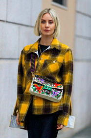 black pants, blazer, checked, embroidered bag, fendi, glitter, graphic bag, graphic jacket, leather bag, plaid, printed bag, printed jacket, sequined bag, shiny bag, trousers, yellow jacket, MILAN, MFW, fashion week, frenchystyle, FW, jonathan paciullo, street style, AUTUMN WINTER 2019-2020, AW 19-20, FALL WINTER 2019-2020, FW 19-20, vertical, atmosphere details, detail