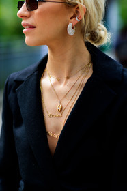 black jacket, blazer, caro daur, earrings, necklace, sunglasses, street style, jonathan paciullo, FW, frenchystyle, fashion week, NYFW, NEW YORK, SPRING SUMMER 2019, SS 19, vertical, detail, atmosphere details