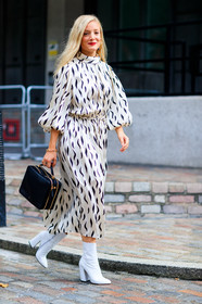 black and white, black bag, fashion week, frenchystyle, full length, FW, graphic dress, high heels, jonathan paciullo, kate foley, leather bag, leather shoes, LFW, LONDON, printed dress, SPRING SUMMER 2018, SS 18, street style, vertical, white boots, white dress