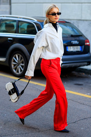 black and white bag, black turtleneck, caro daur, graphic bag, leather bag, prada, printed bag, red pants, sunglasses, trousers, white shirt, MILAN, MFW, fashion week, frenchystyle, FW, jonathan paciullo, street style, AUTUMN WINTER 2019-2020, AW 19-20, FALL WINTER 2019-2020, FW 19-20, vertical, full length