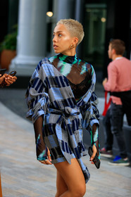 dyed hair, short hair, hair details, multi earrings, golden earrings, turtleneck top, sheer top, tie and dye top, black and green top, black bra, shirt dress, low necked dress, light blue dress, checked dress, long sleeves top, mini dress, fashion week, frenchystyle, FW, jonathan paciullo, street style, vertical, detail, atmosphere details