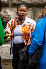 black pants, layering necklace, necklace, orange shirt, pants, print, printed shirt, shirt, white t-shirt, street style, jonathan paciullo, FW, frenchystyle, fashion week, PFW, PARIS, SPRING SUMMER 2022, SS 22, vertical, atmosphere details