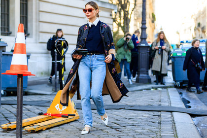 atmosphere details, AUTUMN WINTER 2017-2018, AW 17-18, black coat, black jacket, blue denim, denim pants, FALL WINTER 2017-2018, fashion week, frenchystyle, full length, FW, FW 17-18, high heels, horizontal, irina lakicevic, jeans, jonathan paciullo, leather shoes, navy sweater, PARIS, PFW, printed coat, street style, sunglasses, trousers, white shoes