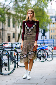 beige dress, bordeaux, burgundy, embroidered dress, fashion week, floral, flower, frenchystyle, full length, FW, jonathan paciullo, leather shoes, LFW, LONDON, red sweater, SPRING SUMMER 2017, SS 17, street style, veronika heilbrunner, vertical, white boots, woman