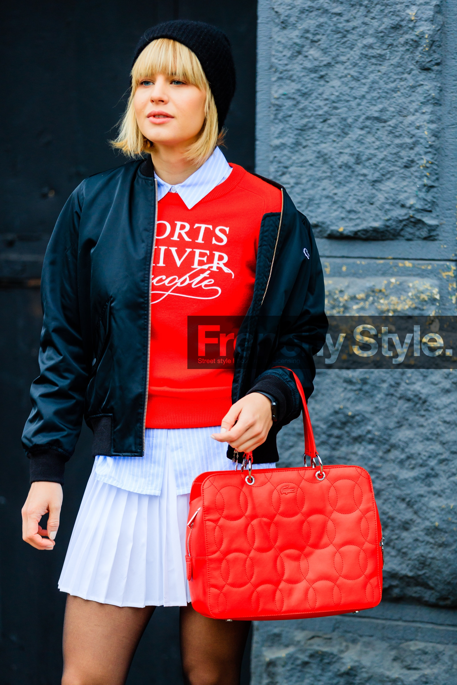 AUTUMN WINTER 2017-2018, AW 17-18, black beanie, black jacket, blue shirt, bomber jacket, detail, FALL WINTER 2017-2018, fashion week, frenchystyle, FW, FW 17-18, jonathan paciullo, lacoste, leather bag, model, NEW YORK, NYFW, pleated skirt, printed sweater, red bag, red sweater, street style, striped shirt, vertical, white skirt