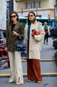 beige coat, beige pants, beige shoes, black bag, black sweater, blazer, blue sweater, brown pants, camel boots, chloé, earrings, graphic jacket, green jacket, julia haghjoo, leather bag, leather shoes, printed jacket, red bag, sunglasses, sylvia haghjoo, trousers, PARIS, PFW, street style, jonathan paciullo, FW, frenchystyle, fashion week, AUTUMN WINTER 2019-2020, AW 19-20, FALL WINTER 2019-2020, FW 19-20, vertical, full length