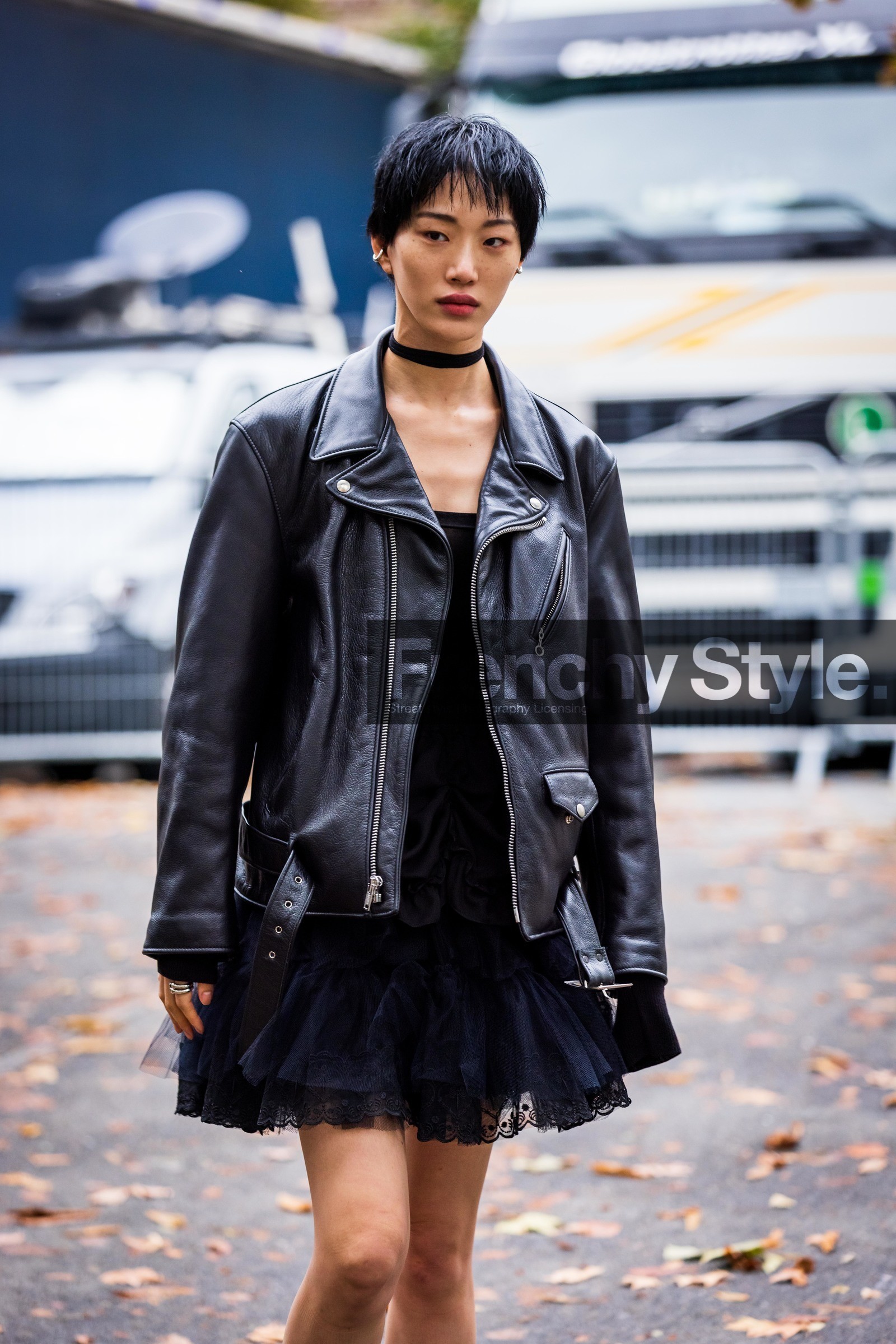 black monochrome, black perfecto, choker, lace skirt, leather perfecto, mini skirt, monochrome, perfecto, ruffles, skirt, Sora Choi, tulle skirt, fashion week, frenchystyle, FW, jonathan paciullo, street style, PFW, PARIS, SPRING SUMMER 2022, SS 22, vertical, atmosphere details
