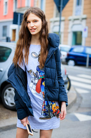 AUTUMN WINTER 2017-2018, AW 17-18, black jacket, cartoon, detail, down jacket, FALL WINTER 2017-2018, fashion week, frenchystyle, FW, FW 17-18, grey dress, grey jacket, jonathan paciullo, MFW, MILAN, model, street style, t shirt dress, vertical