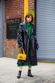 black coat, black shoes, graphic bag, green dress, high heels, leather bag, leather coat, leather shoes, orange bag, printed bag, street style, jonathan paciullo, FW, frenchystyle, fashion week, NYFW, NEW YORK, AUTUMN WINTER 2018-2019, AW 18-19, FALL WINTER 2018-2019, FW 18-19, vertical, full length, molly and reese blustein