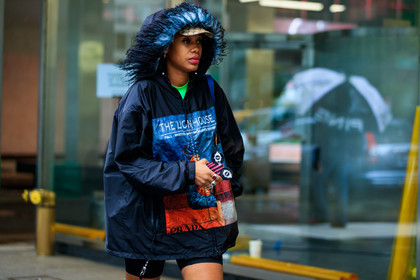 beige cap, black jacket, feathers, graphic bag, graphic jacket, gucci, hood, jan-michael quammie, prada, printed bag, printed jacket, rain jacket, street style, jonathan paciullo, FW, frenchystyle, fashion week, NYFW, NEW YORK, SPRING SUMMER 2019, SS 19, atmosphere details, horizontal, detail
