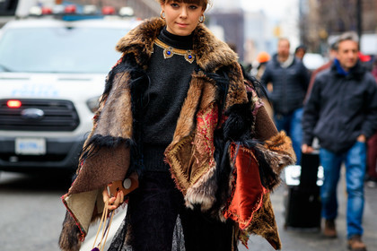 black sweater, brown fur, brown jacket, fur jacket, graphic jacket, jenny cipoletti, necklace, patchwork, printed jacket, frenchystyle, jonathan paciullo, street style, NYFW, NEW YORK, AUTUMN WINTER 2019-2020, AW 19-20, FALL WINTER 2019-2020, FW 19-20, fashion week, FW, atmosphere details, horizontal, detail