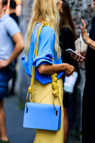ada kokosar, blue bag, blue top, leather bag, yellow skirt, fashion week, frenchystyle, FW, jonathan paciullo, street style, MFW, MILAN, SPRING SUMMER 2019, SS 19, vertical, atmosphere details, detail